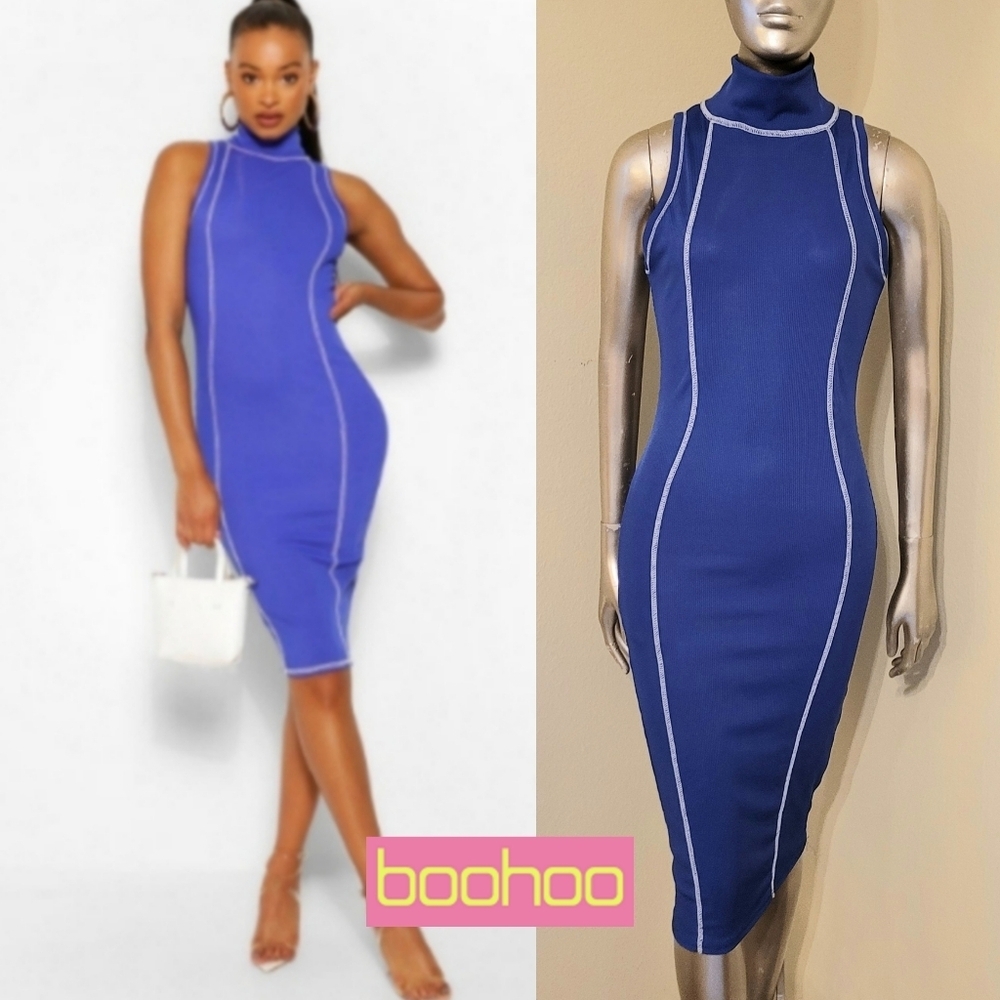 NWT Boohoo Blue Contrast Stitch Rib High Neck Midi Dress Sz 8